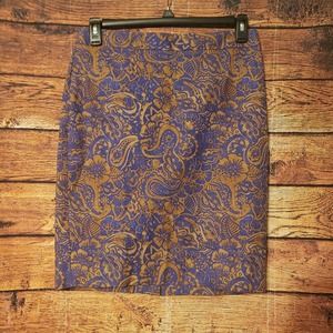 LOFT Blue and Brown Paisley Pencil Skirt